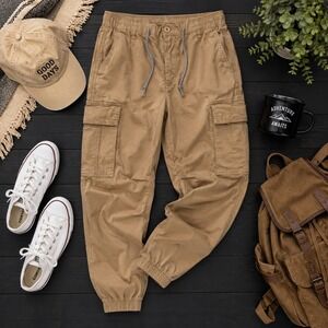 Free Assembly Cargo utility Jogger Pants Elastic Waist Drawstring Small Beige